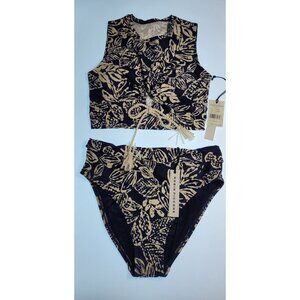 Robin Piccone 2-Piece Swimsuit Bikini Navy Beige Leaf Print Rope Detail M New